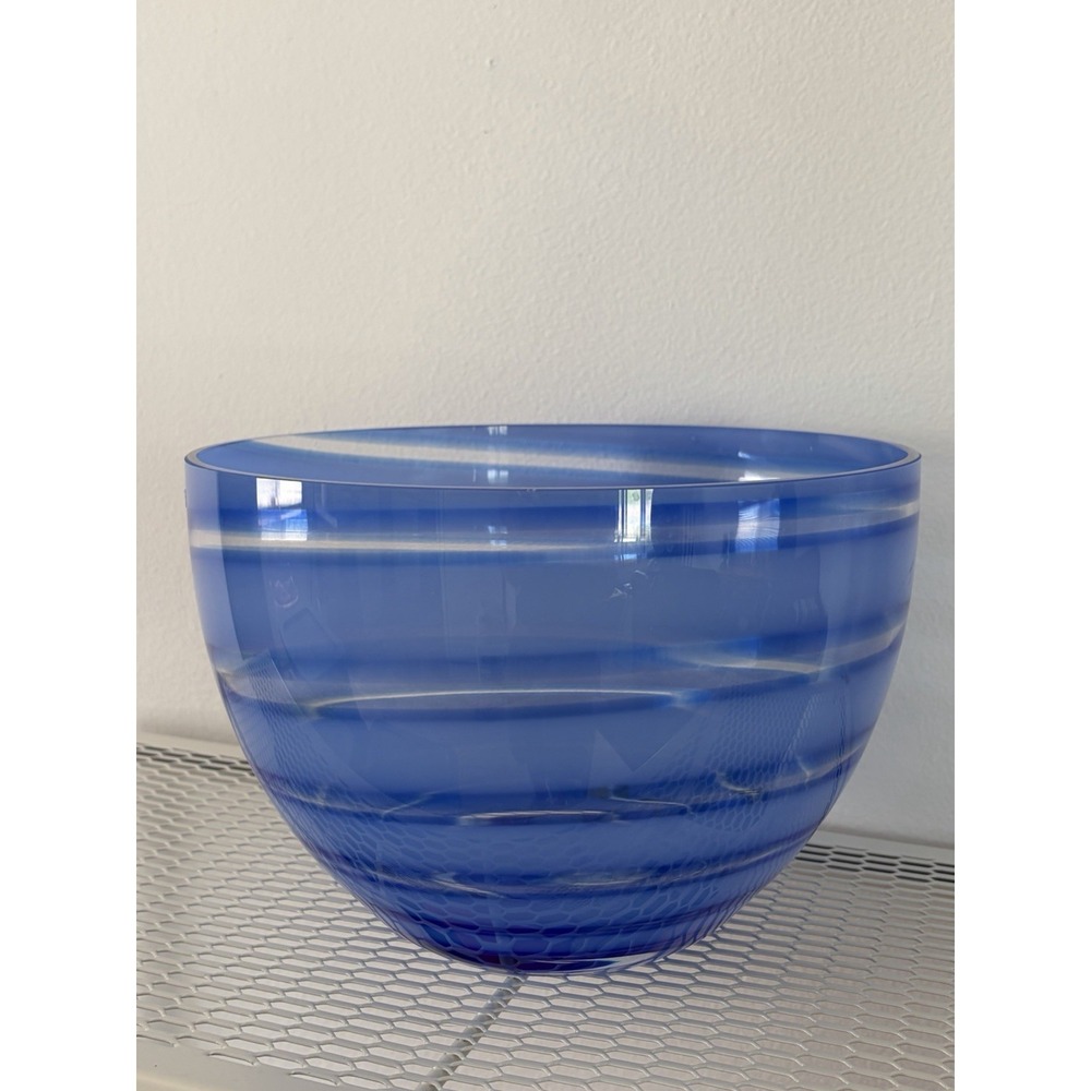 Blue Striped Art Glass Centerpiece Bowl Krosno Poland Made Murano Style Glass